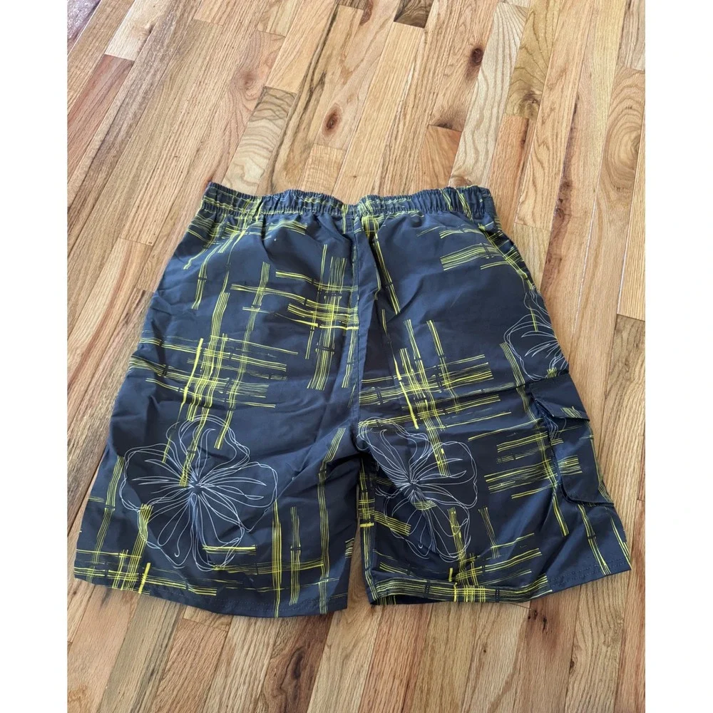 Starting Point Mens 2XL Board Shorts Gray Yellow Floral Plaid Cargo Swim Trunks